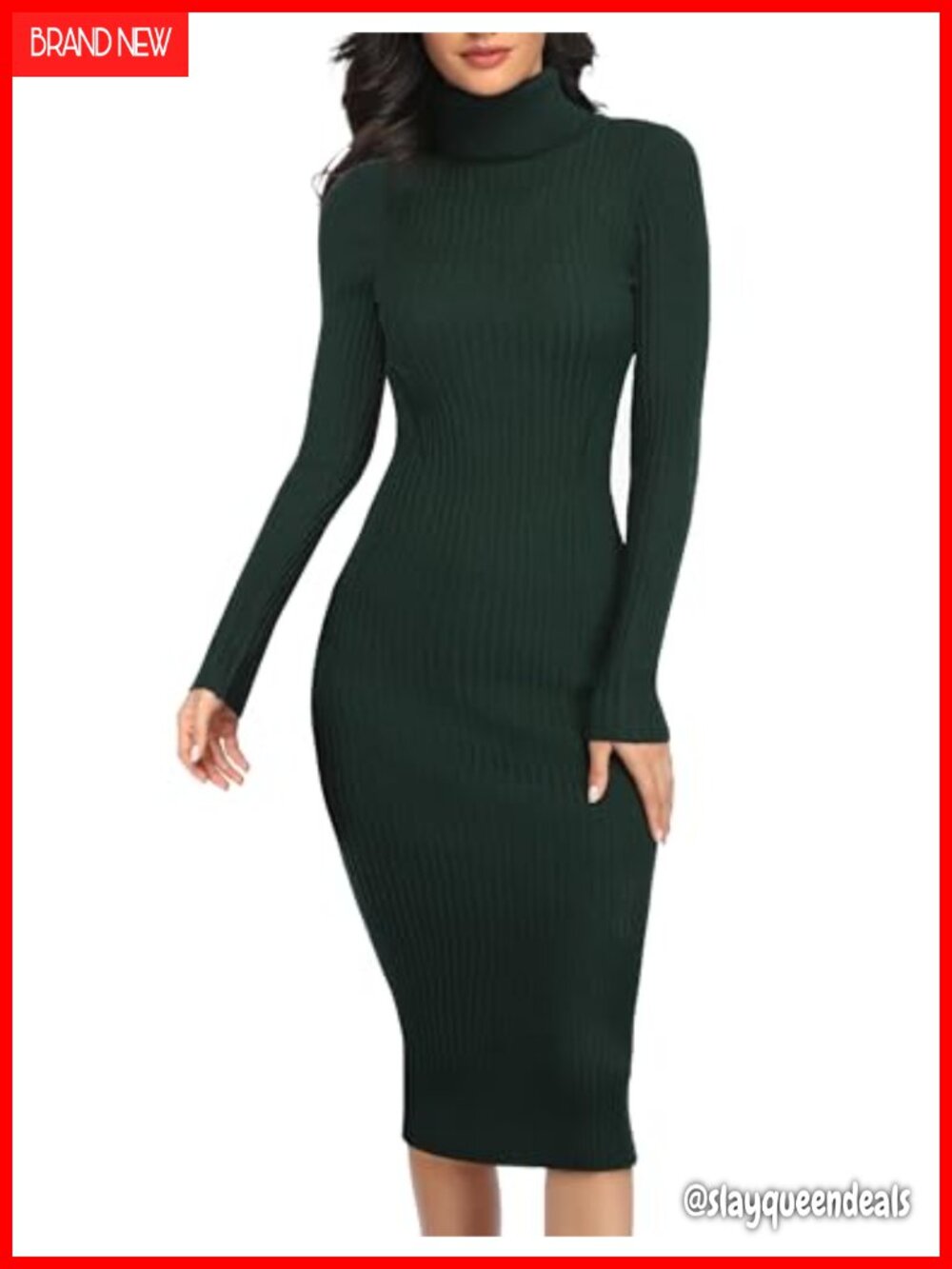 Turtleneck Ribbed Knit Midi Sweater Dress Slim Fit Long Sleeve